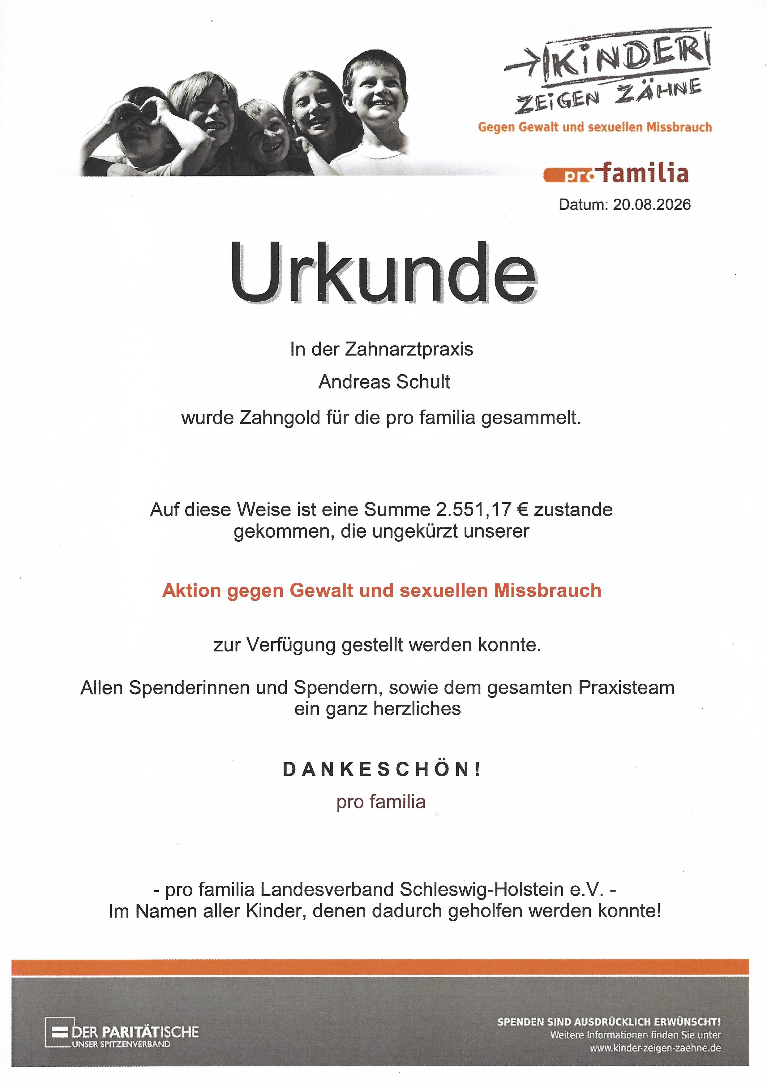 Spende von Zahnaltgold für pro familia – 1. Halbjahr 2026